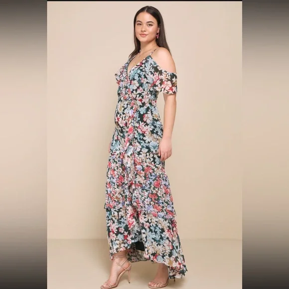 NWT Lulus Radiant Hunter Green Floral Print Chiffon Maxi Dress - Picture 2 of 12